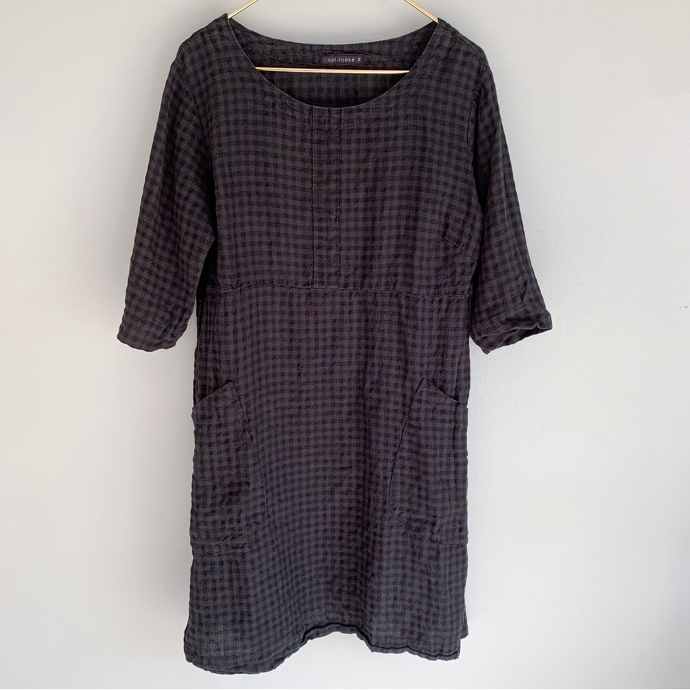 Cut loose women’s 100% linen gingham plaid shirt sleeve pocket shirt dress black